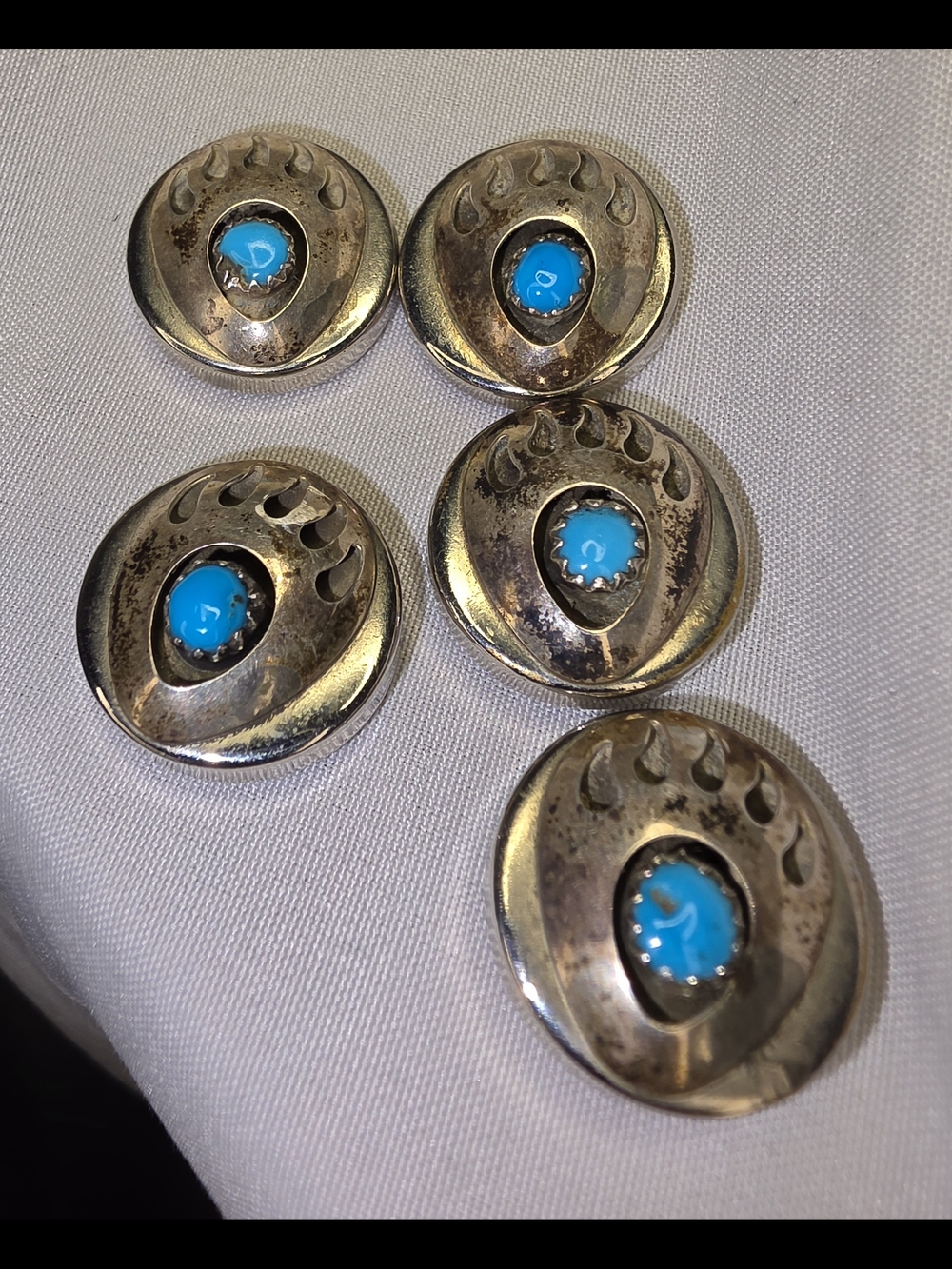 Vintage Sterling Silver Turquoise Bear Paw Button Set(5) - Blue